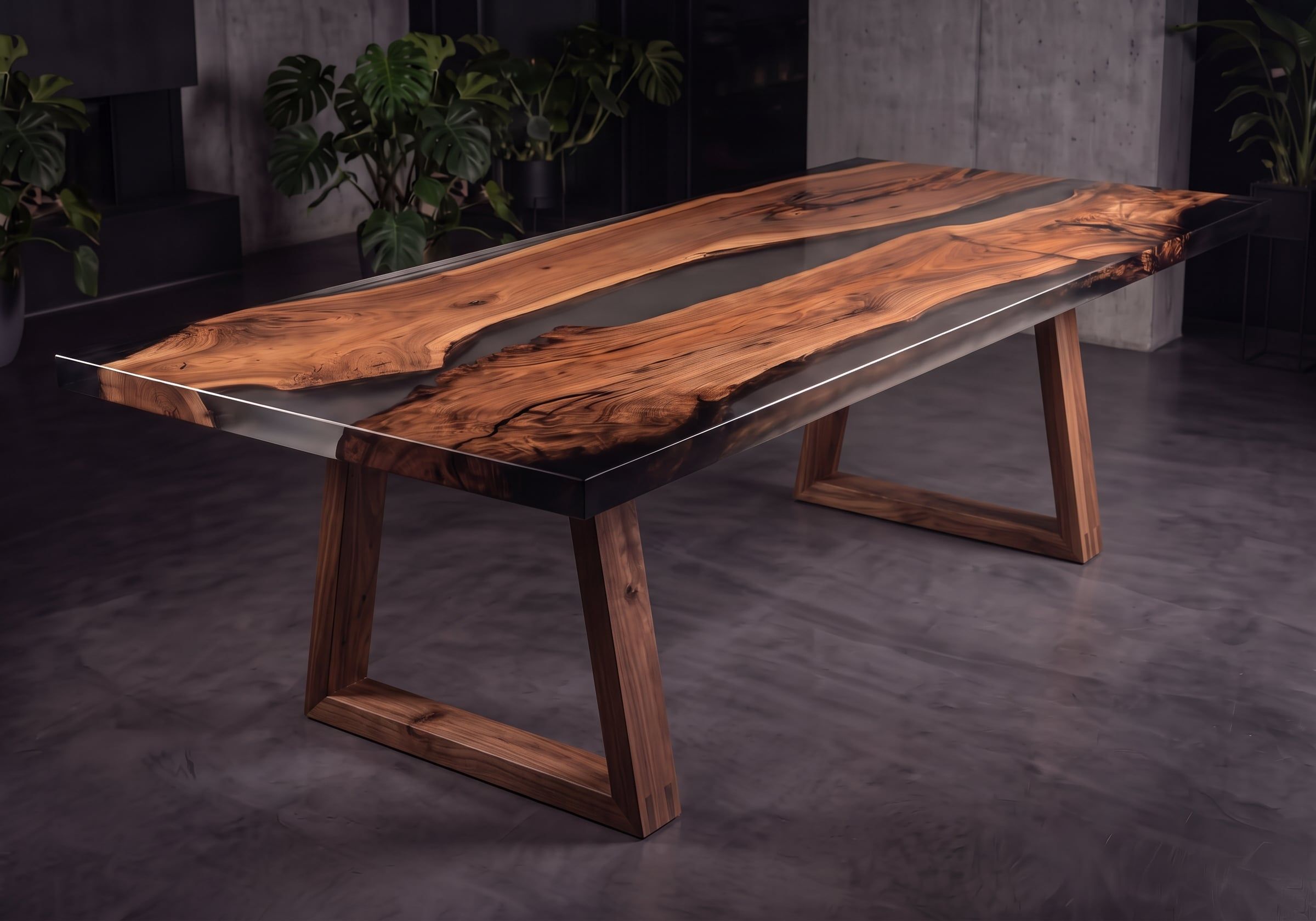 Mesa de comedor Aethel de nogal con río de resina ahumada, en un estudio de hormigón