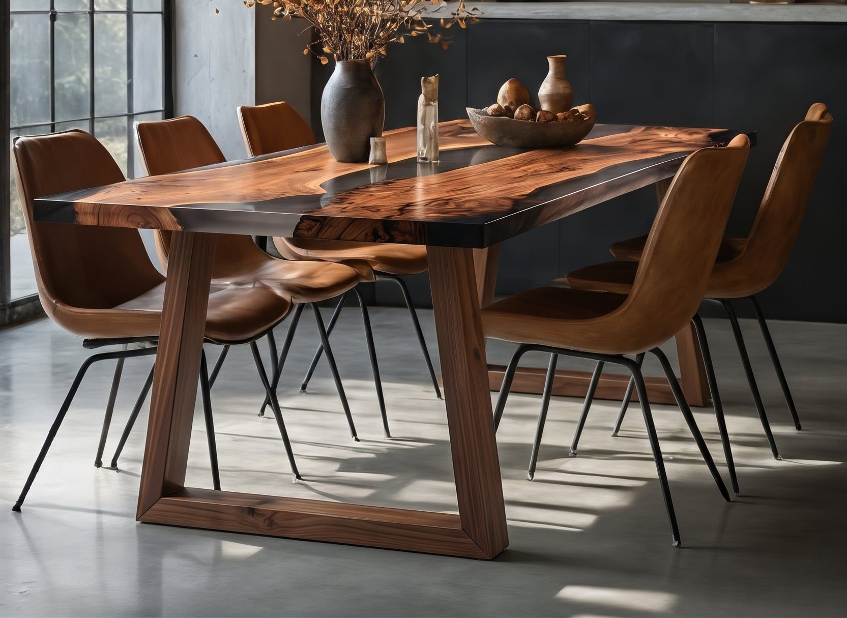 Mesa Aethel en un comedor de paredes de hormigón, con lámparas negras y sillas de cuero
