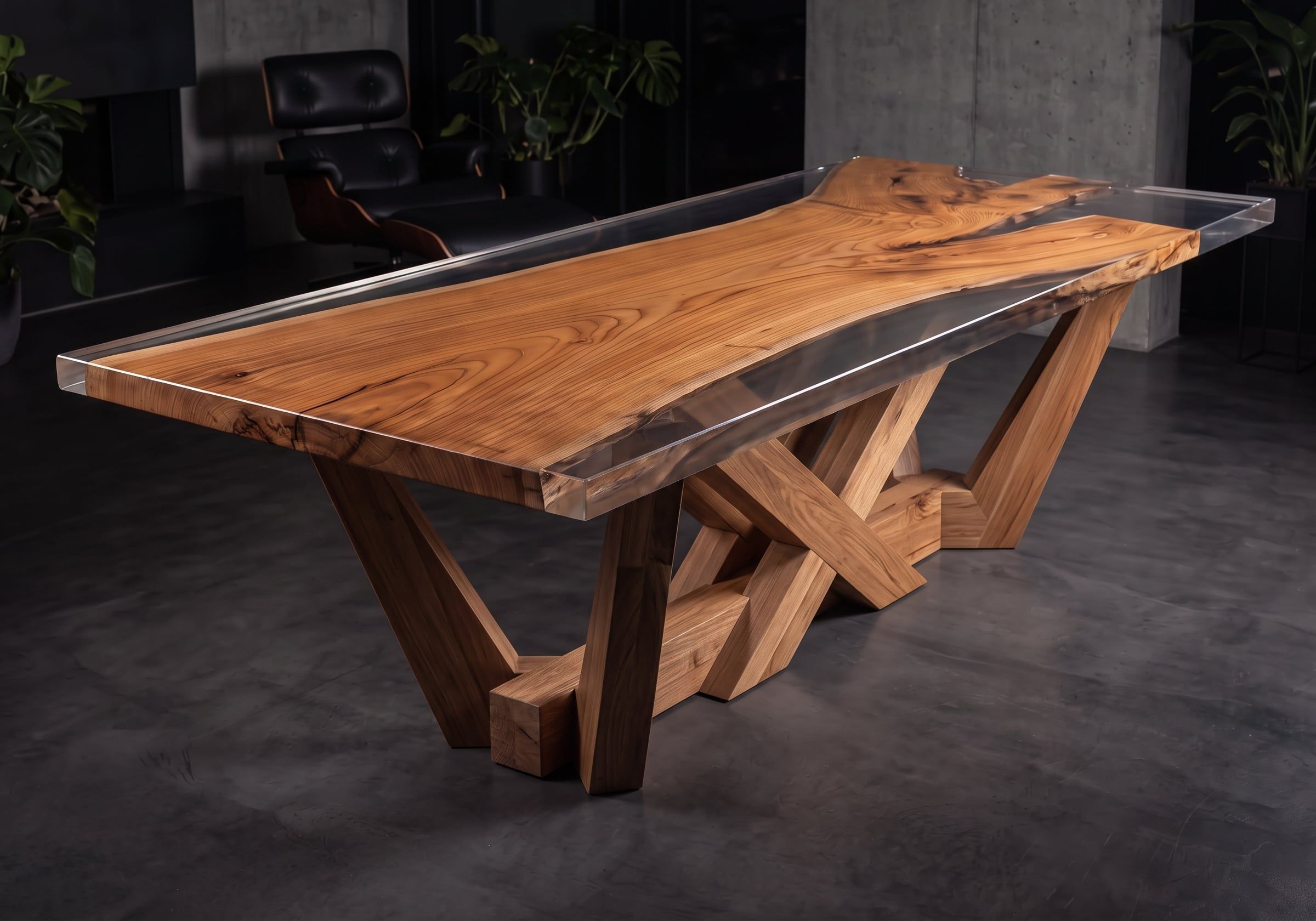Mesa de comedor Kazan de zelcova japonesa con río de resina transparente y base geométrica cruzada, en un estudio de hormigón