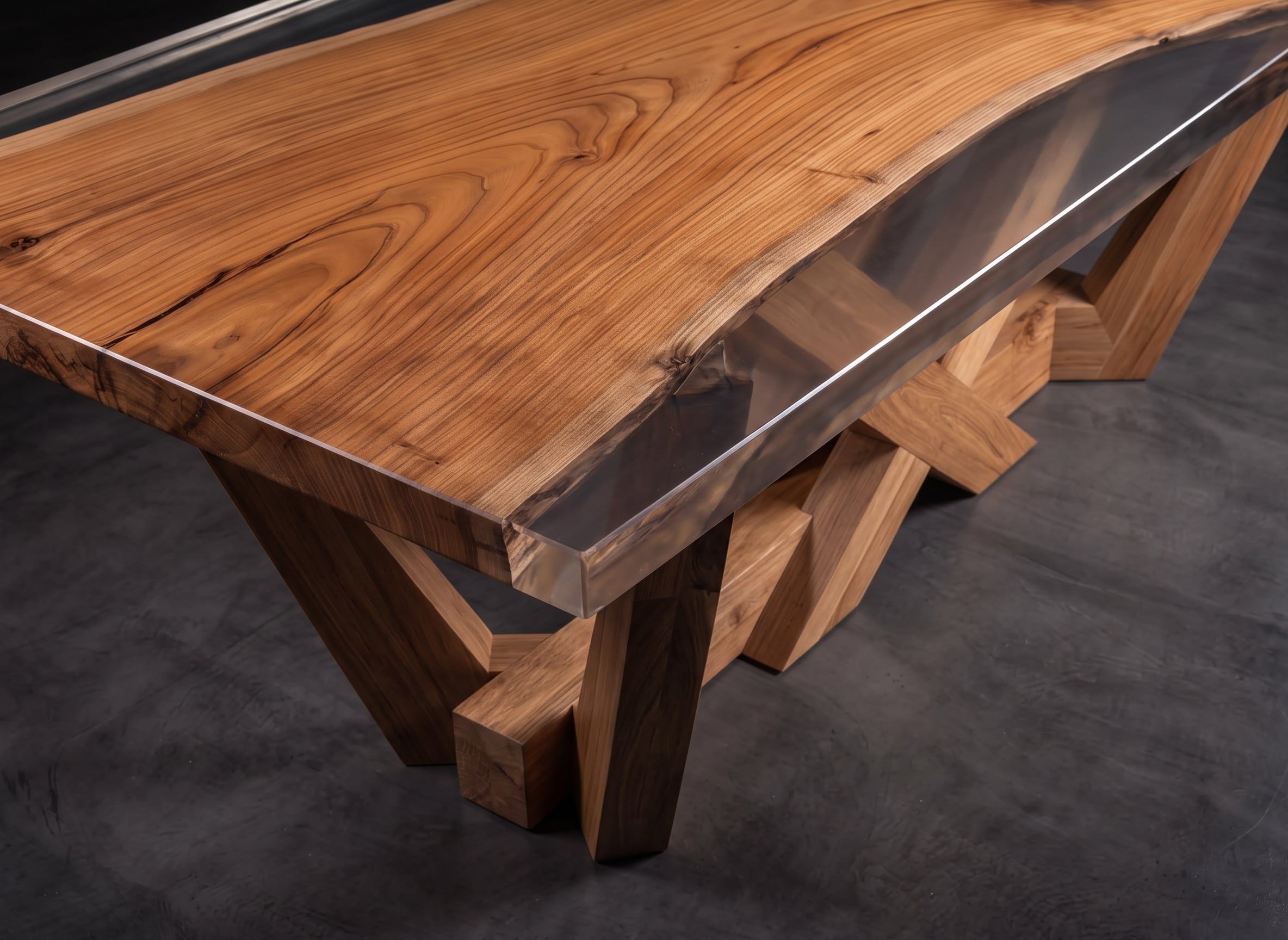 Detalle de la mesa Kazan: veta de la zelcova japonesa, canto de resina transparente y base de madera