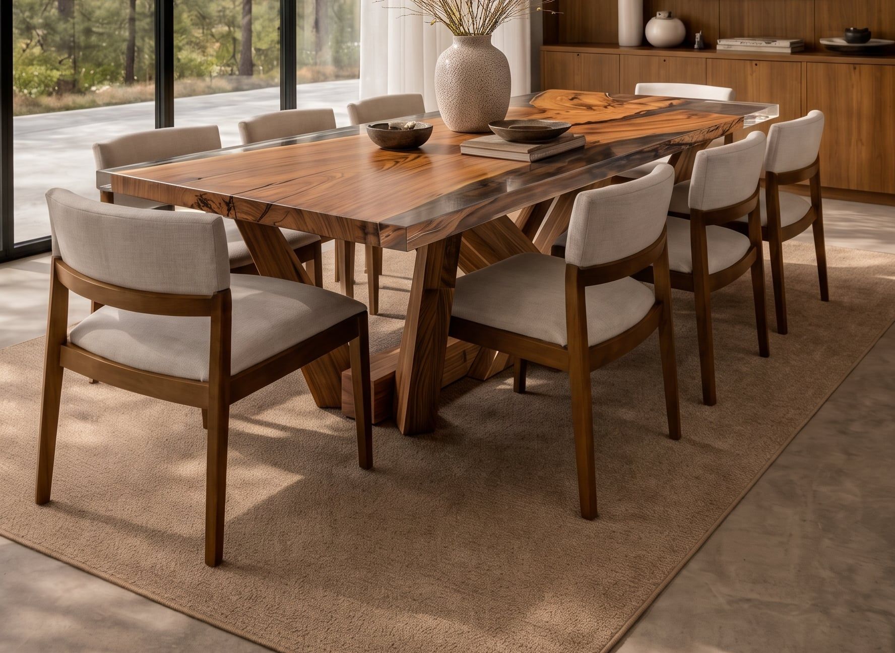 Mesa Kazan en un comedor con ventanales al bosque, paredes de madera y sillas tapizadas en crudo