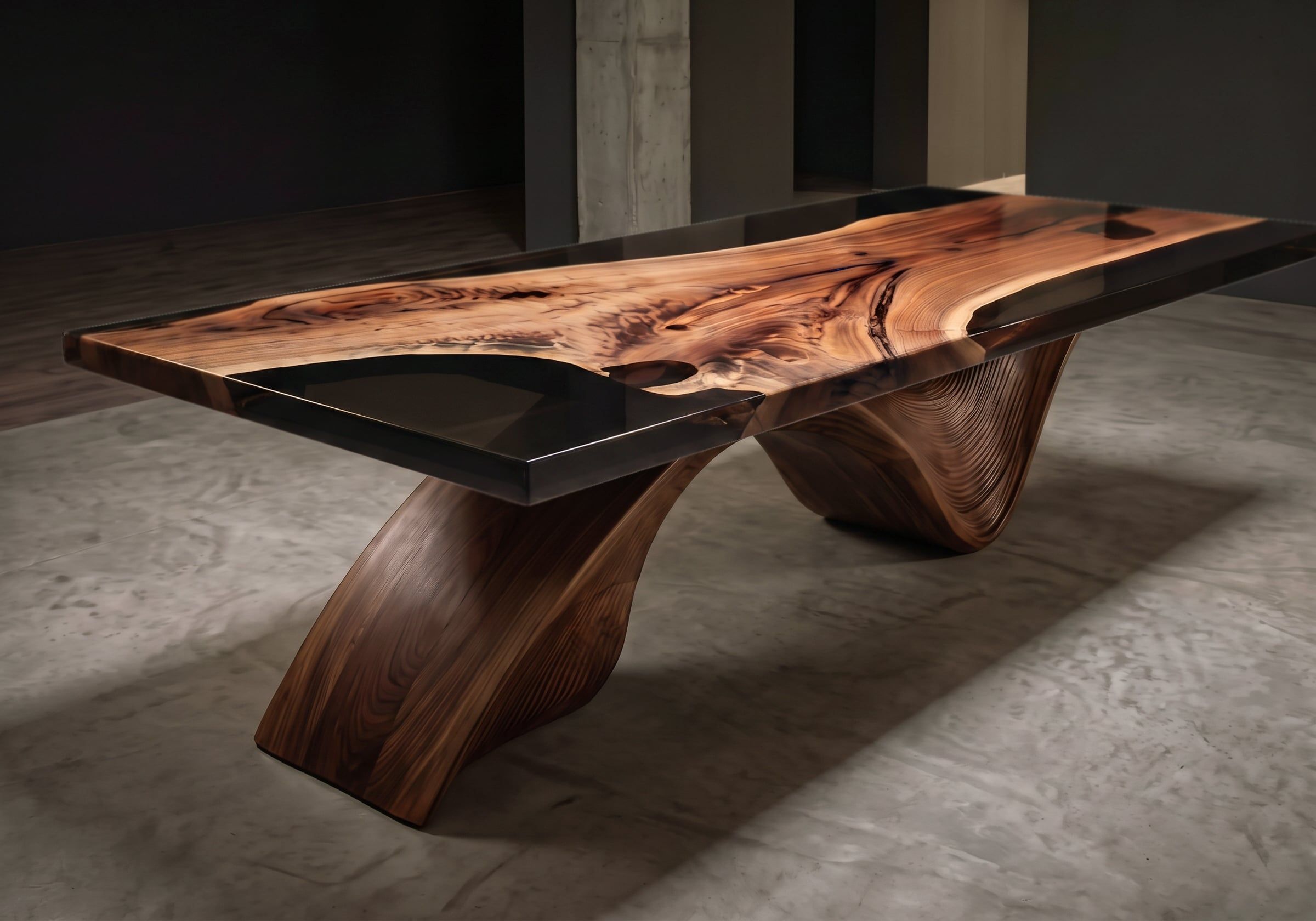 Mesa de comedor Onyx de nogal con resina oscura y base escultórica de líneas curvas, en una sala de hormigón