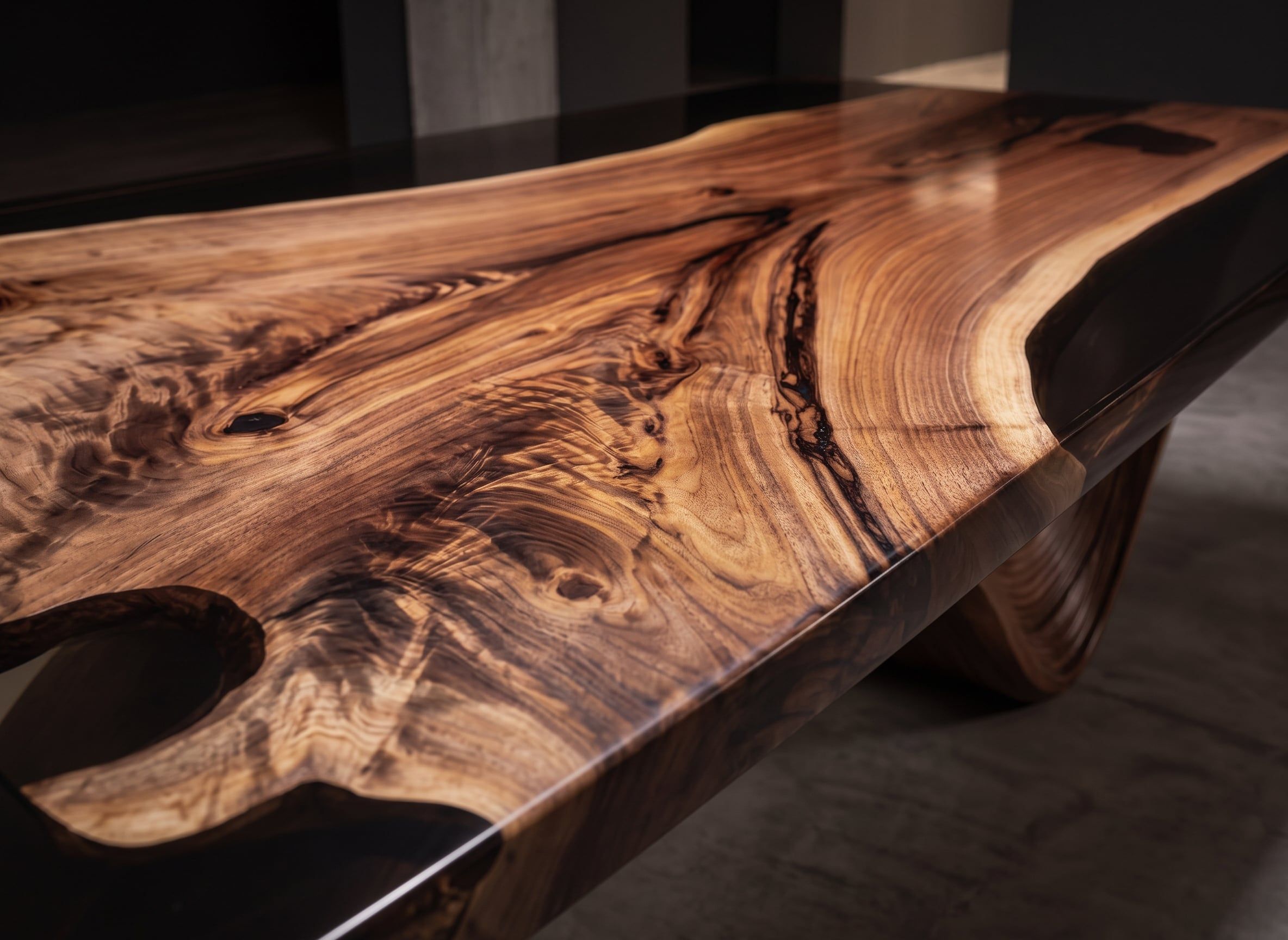 Detalle de la mesa Onyx: veta del nogal y resina oscura