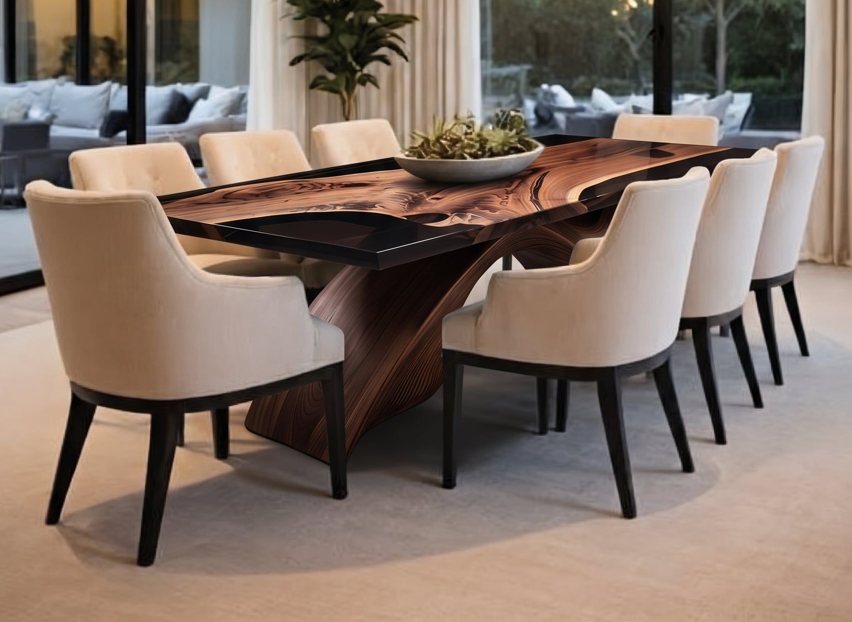 Mesa Onyx en un comedor luminoso, con sillas tapizadas en crudo y una lámpara de bolas de cristal