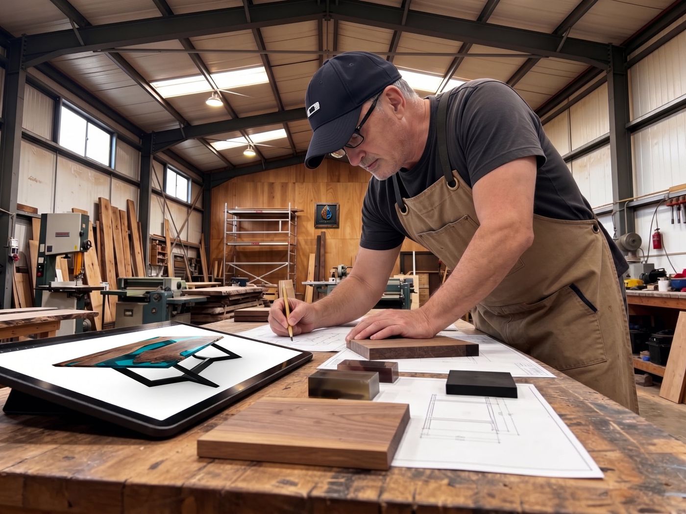 Planos, muestras de madera y una vista previa de la mesa en una tableta, sobre el banco del taller