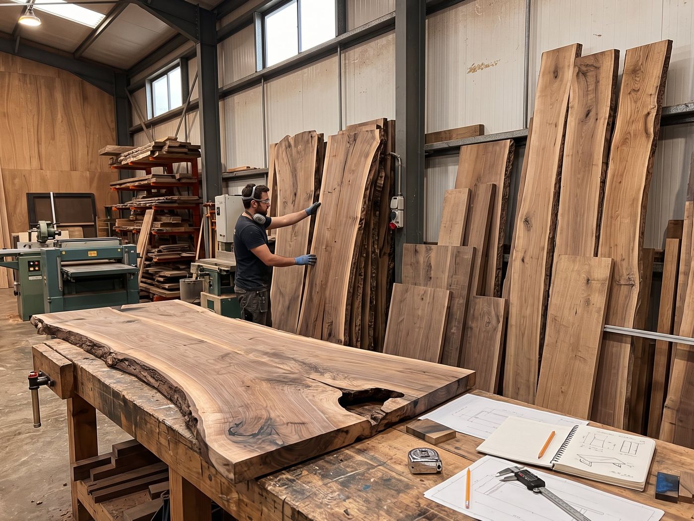 Selección de la madera: tableros de nogal con su borde natural, listos para elegir