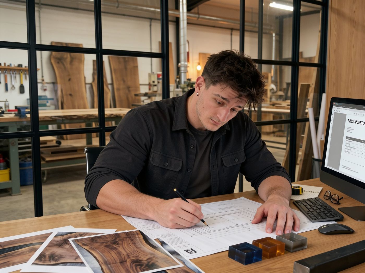 Un hombre dibuja los planos de la mesa en el taller, con el presupuesto en pantalla, fotos de la madera y muestras de resina