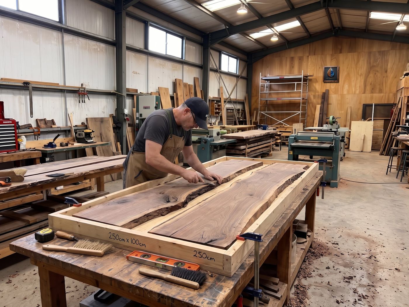 Dos tableros de madera colocados y medidos dentro del molde, antes de verter la resina