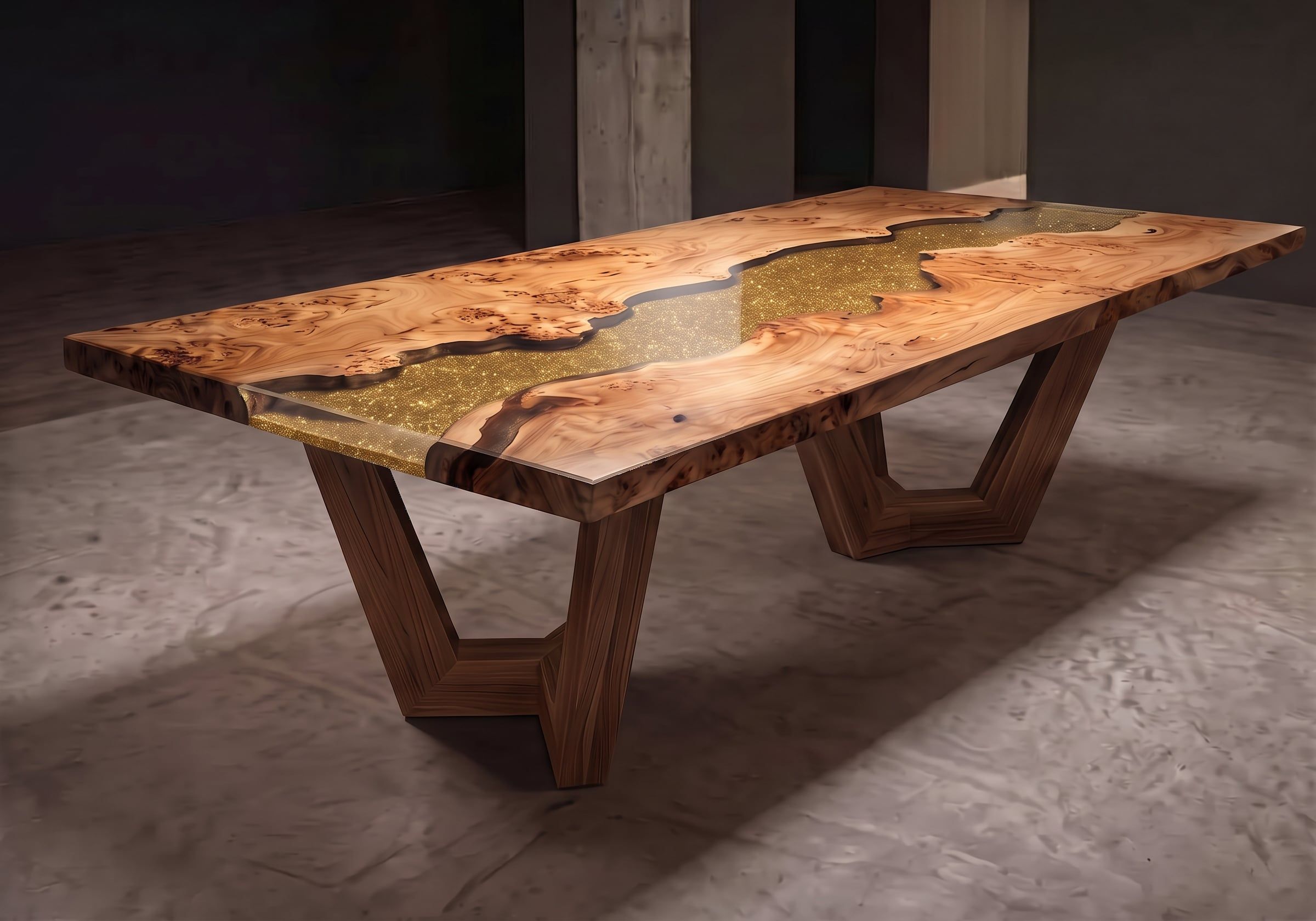 Mesa de comedor Solstice de nudo de álamo con río de resina de tonos brillantes dorados y base geométrica, en un estudio de hormigón