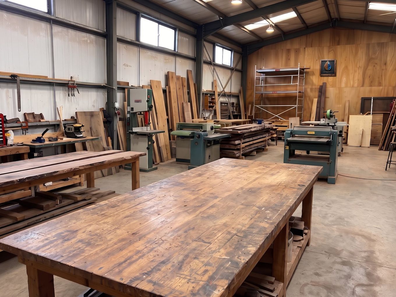 Taller de ARTYRESIN: banco de trabajo de madera, tableros en bruto y maquinaria de carpintería